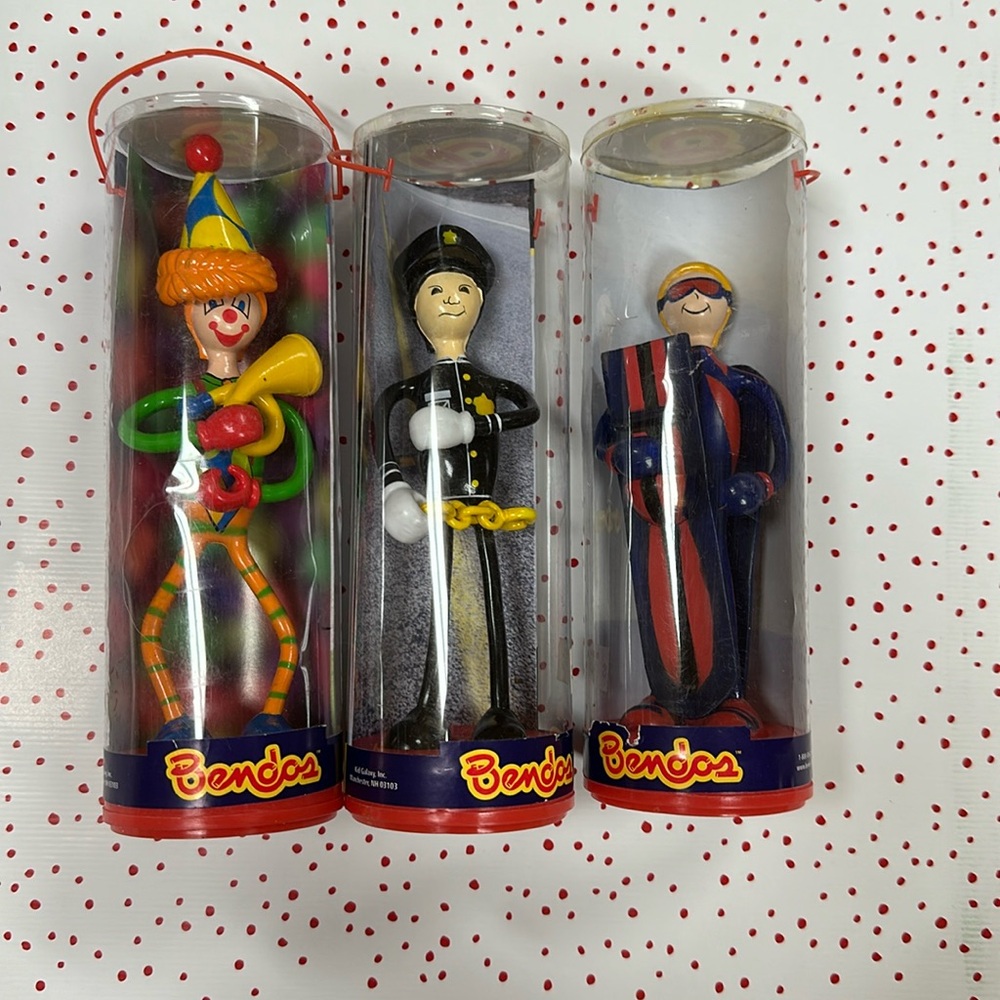NIB Bendos Vintage Toys: Toots Clown, Sgt. Bookem, Tuck Skier